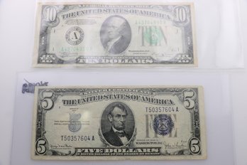 1934 $5 Silver Certificate And $10 Note