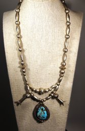 Vintage Southwestern Sterling Silver Squash Blossom Necklace W Turquoise Stone 20'