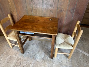 Vintage School Desk With Two Rush Seat Ladderback Chairs