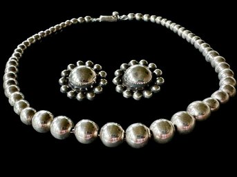 Vintage 925 Taxco Mexican Sterling Silver Graduated Bead Necklace & Dome Earrings