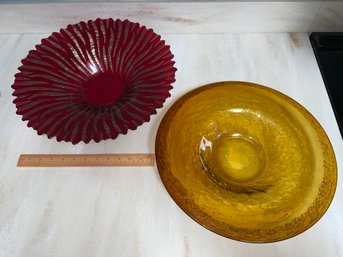 Two Decorative Glass Bowls: Yellow Crackled Glass And Red And Gold Flames