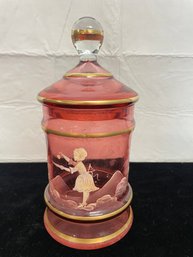 Vintage Mary Gregory Cranberry Glass Lidded Jar