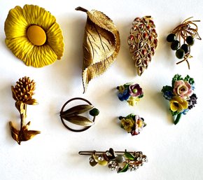 9 Vintage Brooch Pins & 1 Barrette By Francois, Adderly Floral, Crownstaff, Kate Hines & More