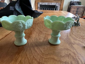 Pair Grape Pattern Jadeite Candleholders - M