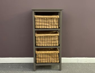 A Three-Tier Wooden Vegetable Bin With Burlap-Lined Wire Baskets