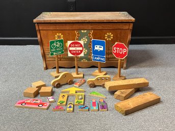 A Fantastic Vintage Toy Chest Full Of Wooden Blocks & Accessories