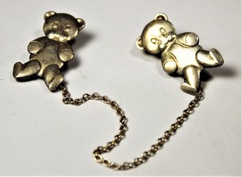 Vintage Sterling Silver Teddy Bear Bib Clips For Baby 1940s