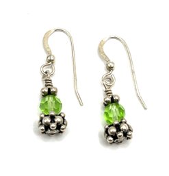 Vintage Sterling Silver Peridot Color Beaded Dangle Earrings