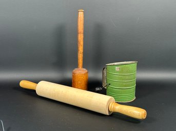 Vintage Kitchen Tools: Flour Sifter, Potato Masher & Rolling Pin