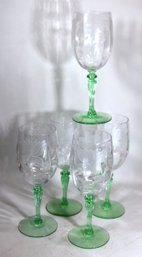 Lot Of Five Cut Glass Green Depression Glass Stemmed Wine Glasses