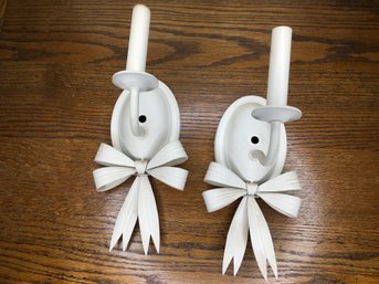 (SET OF 2) VINTAGE WHITE PAINTED METAL RIBBON WALL SCONCES & SHADES