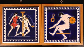 SET OF 2 VINTAGE FRAMED GREEK MYTHOLOGY THEMED TILE TRIVETS / WALL HANGINGS