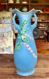 Vintage 976-15' Tall Sea Blue Bleeding Heart  Roseville USA Art Pottery Vase With Two Handles.