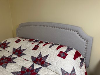 WA Cushion Son Light Grey Fabric Queen Headboard & Frame With Nailhead Detail