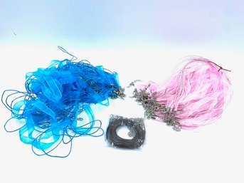 Large Quantity Of Baby Pink & Baby Blue Ribbon Necklaces Plus Leather Rope For Jewelry Making