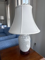 White Woven Ceramic Urn Lamp With Rosewood Base
