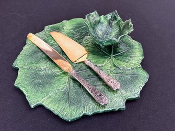 Pair Of Godinger Silver Plate Serving Pieces With Italian Ceramic Leaf Servingware