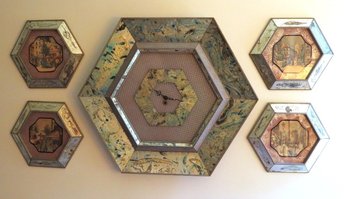 5 Piece Mid-Century Hexagon Shaped Wall Ensemble Of French City Scenes, German Clock