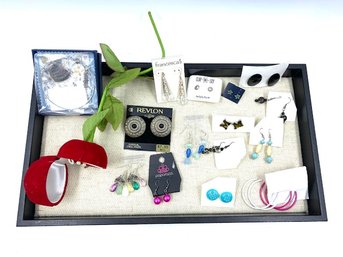 Grouping Of Estate Earrings & New Old Stock Inc. Faux Pearl Earrings In Figural Rose Gift Box- 16 Pc