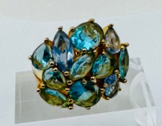 LARGE GOLDTONE BLUE YELLOW HUES STONE STATEMENT RING