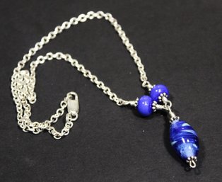 Fine Sterling Silver Necklace Having Art Glass Pendant In Blue