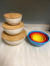 Colorful Melamine Mixing Bowls And Biege Storage Bowls With Bamboo Lids