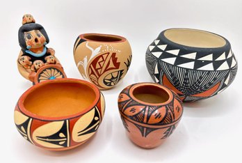 Figurine & 4 Native American Hand Made Bowls Including Jemez Pueblo Pottery, Some Signed