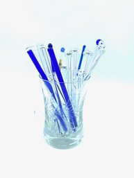 Vintage Etched Mug W/ Large Quantity Of Hand-blown Glass Swizzle Sticks, Stirs, & Mottlers