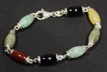 Sterling Silver Onyx And Jade Stone Link Bracelet 7 1/2' Long