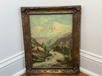 Antique Deric Luwguy 'Early Mountain River Scene' Lithograph With Convex Glass