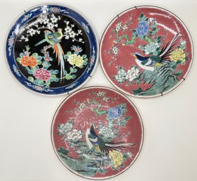 3 Vintage Asian Plates, 2 Ready To Hang, Signed