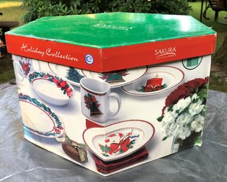 New Boxed Oneida Porcelain Sakura 16 Piece Holiday Dinnerware Set - 4 Dinner & Salad Plates, Soup Bowls & Cups