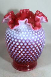 Vintage Fenton Cranberry Opalescent Hobnail Ruffled Vase