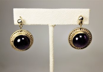 Pair Fine Sterling Silver Pierced Earrings Having Large Cabochon Amethyst Stones