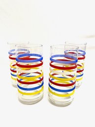Set Of 4 Vintage Hand-blown Footed Tumblers - Primary Stripe Design