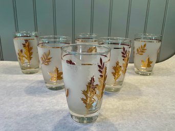 Set Of Six MCM Gilt Leaf Decorated Frosted Beverage Glasses