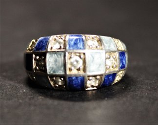 Size 5 Lapis Inlay Sterling Silver Checkerboard Dome Shaped Ring