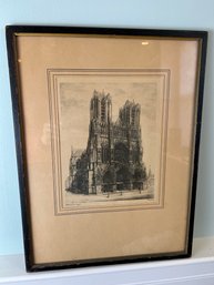 Original Signed Leon Etching Of Reims Cathedral