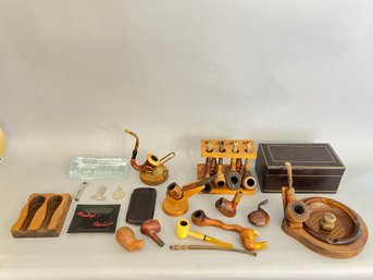 Estate Lot Of Pipes, Ash Trays, Humidor, And More