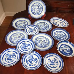 Nice Grouping Of Vintage / Antique Canton Blue China / Pottery - 13 Pieces Total - Might Have Some Flaws