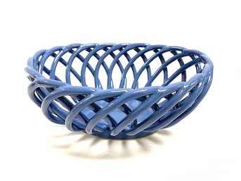 Vintage Stone Blue Artisan Ceramic Woven Basket Bowl