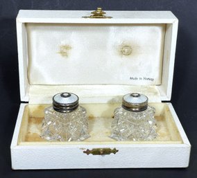 Boxed Set Cut Crystal Sterling Silver Enamel Salt And Pepper Shakers