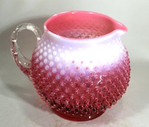 Round Vintage Fenton Cranberry Opalescent Pitcher W Applied Handle