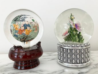 An Antique Asian Reverse Glass Painted Sphere, And A Snow Globe