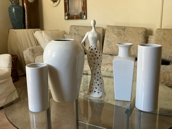 Ceramics - 4 White Vases And A Decorative Lady