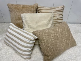 Five Sand & Cream Colored Throw Pillows Including Tiger Striped