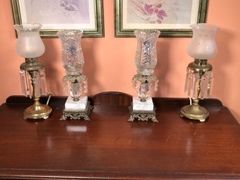 Two Pairs Of Vintage Hurricane / Mantle Lamps - Marble, Crystal, Brass - Tested - All In Working Condition