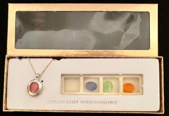 Vintage Set 925 Sterling Silver Necklace With Interchangeable Stones Pendant - Italy - New In Box