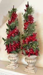 A Pair Of Large Holiday Faux Floral In Cast Fiberglass Urns - 48' Height