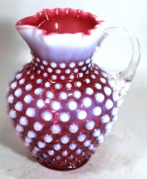 Ruffled Cranberry Opalescent Pitcher Having Applied Handle